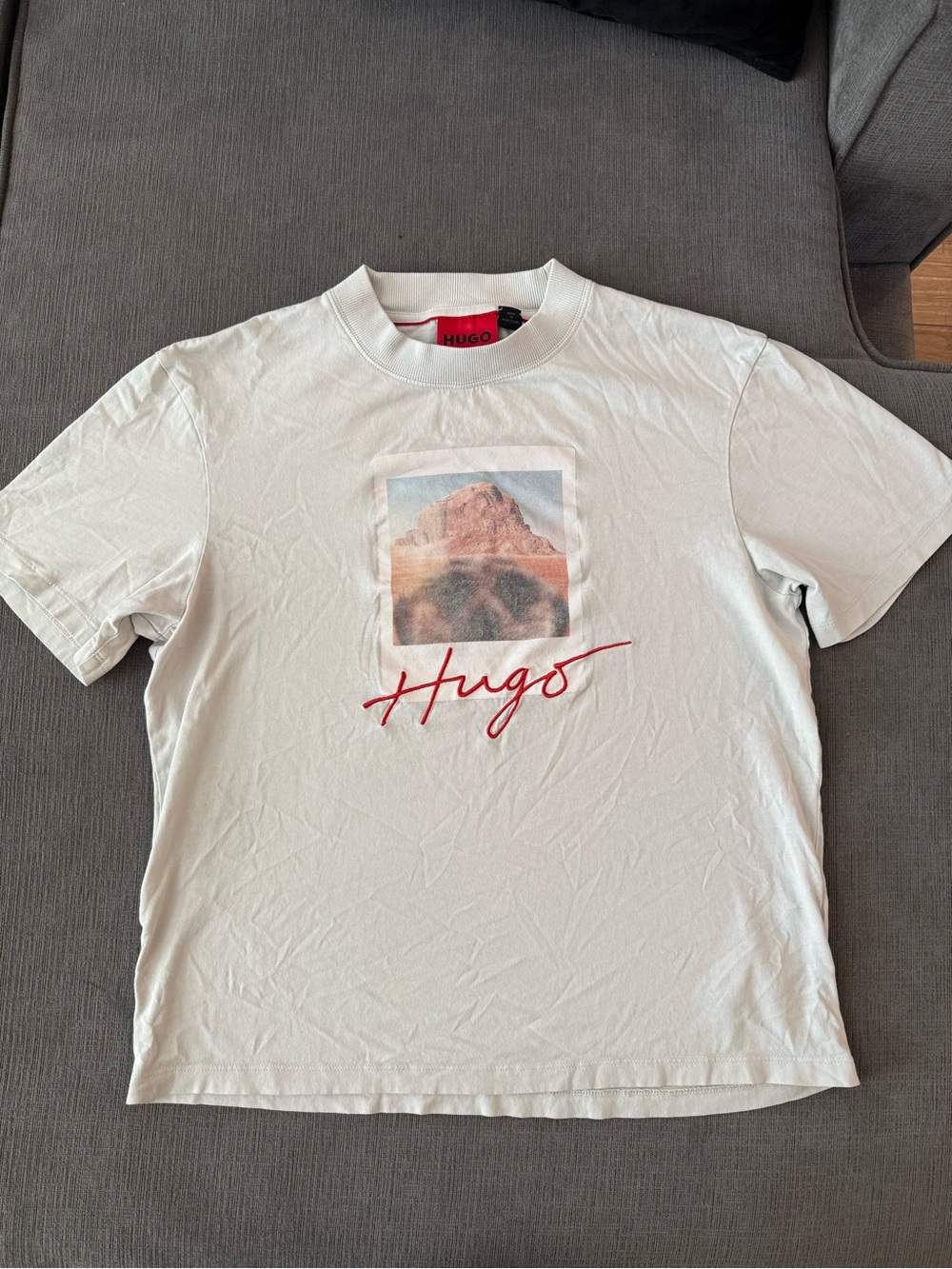 HUGO White Graphic Tee with Red Script Logo